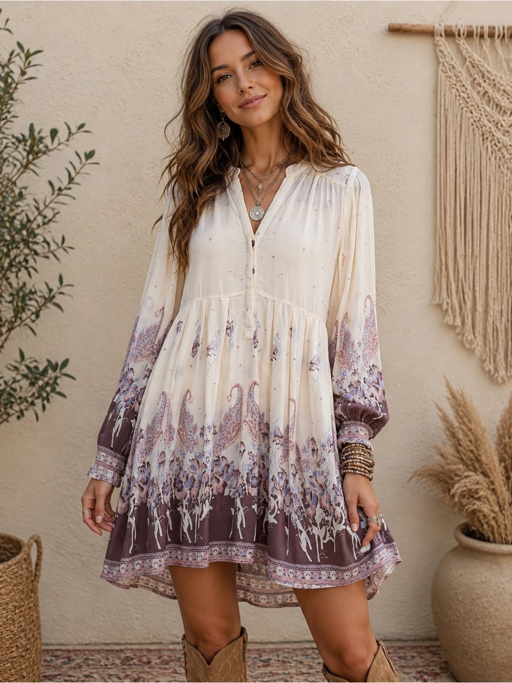 Free People | Sierra Valley Long Sleeve Cream & Purple Mini Dress - Size Small